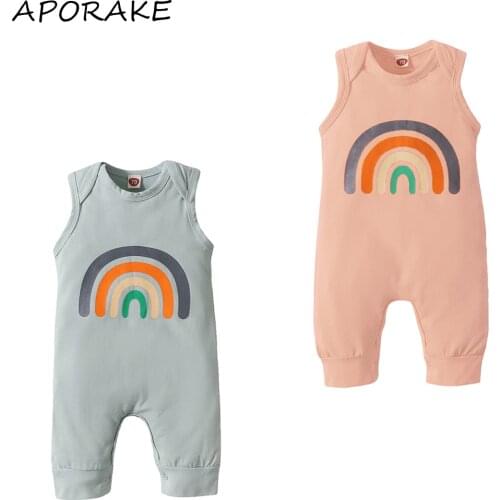 2021 0-24M Summer Infant Baby Girl Jumpsuit Rainbow Print Sleeveless Long Pants Romper Casual Cotton Clothes
