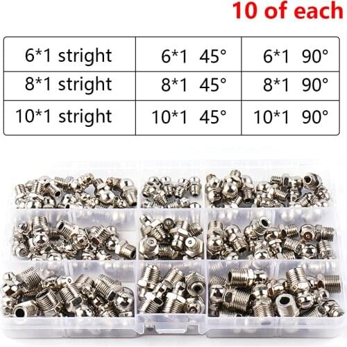 90Pcs Metric Size M6 M8 M10 Steel Zerk Grease Nipple Fitting Kits 90 Degree and 45 Degree and Straight Grease Zerk Nipple Kit