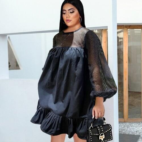 White Dress Plus Size Women See Through Long Sleeve Patchwork Loose Knee Length Ruffles Office Lady Casual Dresses Dropshipping