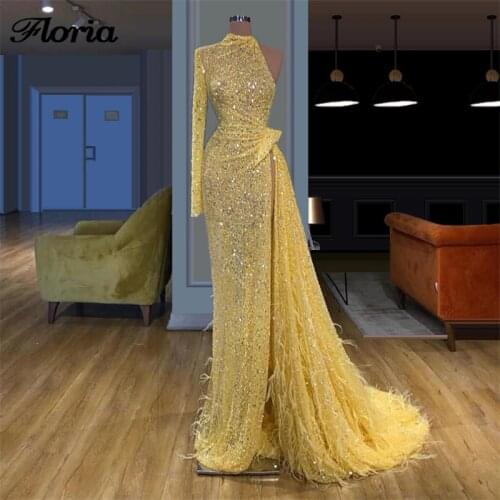 Beading New Arrival Design Dubai Evening Dresses For Celebrity Customize Kaftans Islamic Prom Dress With Feathers One Sleeves