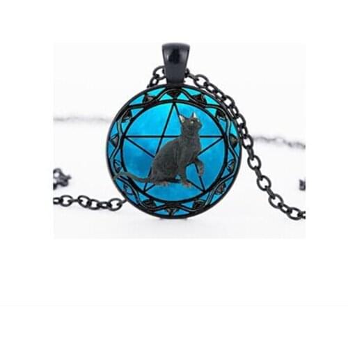 Black pendant wiccan Necklace collar Wicca Pentagram blue Glass pendant cristal colgante Wicca collar A-032 HZ1