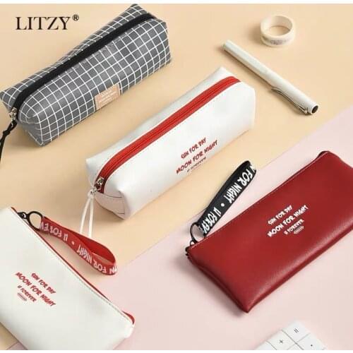 Black Grid Pencil Case School Leather Pencil Cases for Girls Boy Portable Zipper Big Pen Bag Letter PencilCase Office Supplies