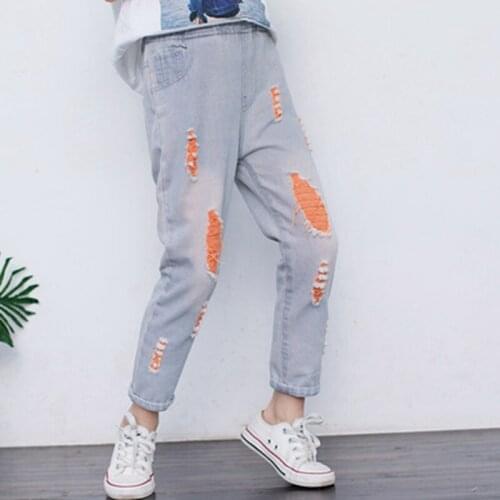 Childrens Jeans Spring and Autumn 2021 New Korean Version of The Boys Hole Trousers Beggar Girl Light-Colored Pants