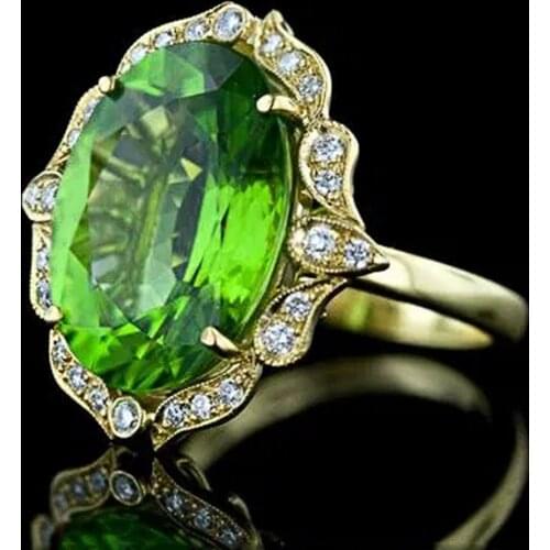 Huitan Newly Design Gold Color Rings for Women Oval Green Stone Graceful Female Party Ring Noble Anniversary Gift Trendy Jewelry