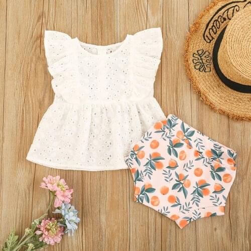 Pudcoco Newborn Baby Girl Clothes Two-piece Clothes Set, White Solid Color Fly Sleeves Round Collar Tops and Shorts