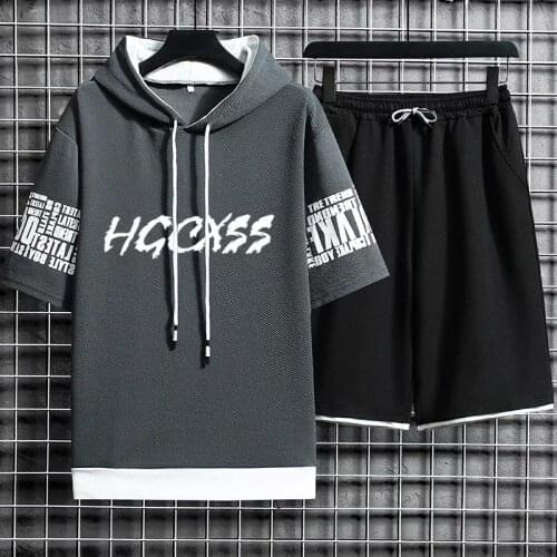 Summer Casual Two-piece Shorts & T-shirt Fashion Casual Sports Mens Clothing Hip Hop Suit Hooded T-shirt Set Mens Shorts Suit