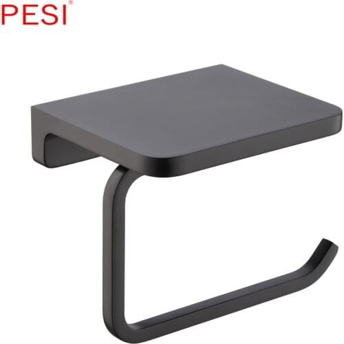 Toilet Paper Holder Wall Mount Tissue Roll Hanger with Mobile Phone Shelf All Brass Bathroom Accessories.Matte Black