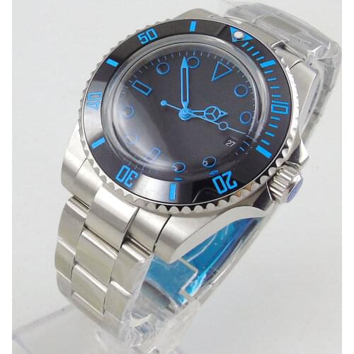 40MM Black Sterile Dial Domed Glass Ceramic Bezel Blue Number Date MIYOTA 8215 Movement Automatic Mens Watch