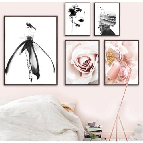 Watercolor Rose Flower Girl Leaf Line Wall Art Canvas Painting Nordic Posters And Prints Wall Pictures For Living Room Decor