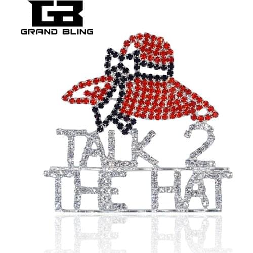 Fancy Design of Rhinestone Word Brooch Pins "TALK TO THE HAT" with a Red Hat on Top for Red Hat Ladies
