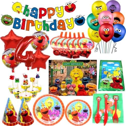 Sesame Street Party Supplies Elmo Theme Backdrops Party Tableware Set Paper Plates Cups Napkins Birthday Decor Party Tablecloth