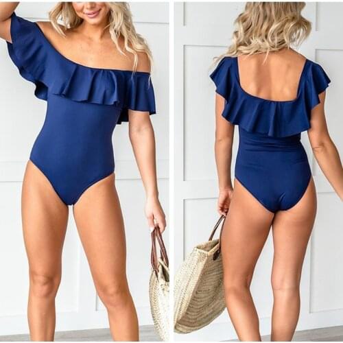 Plain One-Shoulder Womens One-Piece Swimsuit Ruffled Tight-Fitting High-Waist Halter Swimsuit 2021 Party Push-Up Pool Suit