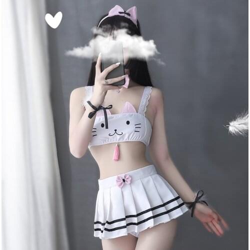 Hot Sexy Cat Cosplay Costume Lingerie Set Cute Pink Swimsuit Anime Girls Swimwear Clothing Lolita Bra and Panty Stockings