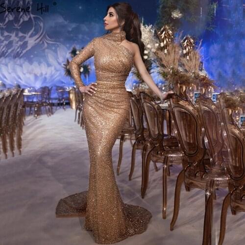 Serene Hill Dubai Luxury One Shoulder Gold Evening Dress Design 2020 Mermaid Sexy Sparkle Formal Party Gown CLA60966