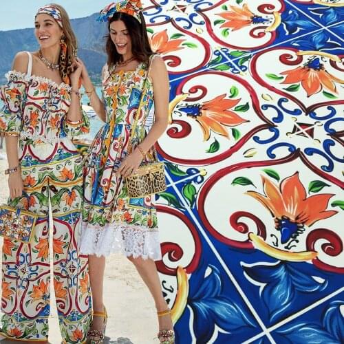 Digital Printed Fabric Hand-painted Circle Flower Series Cloth for Dresses Shirts Fabrics by the Meter for Sewing Material