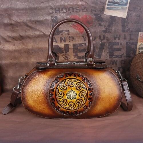 2021 Winter Vintage Genuine Leather Women Bag Retro Embossed Chinese Style Handbag Soft Cowhide Luxury Shoulder Crossbody Bags