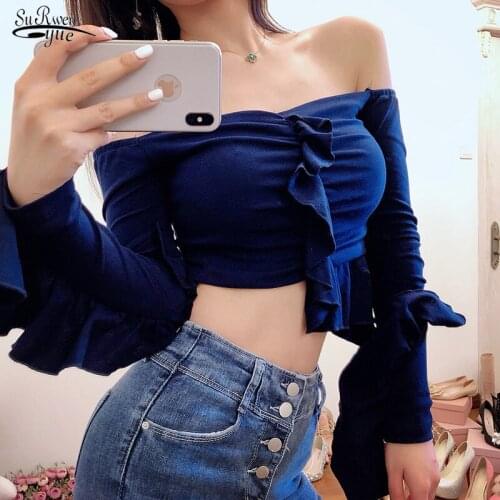 Spring Short Slash Neck Sexy Tops Women Blouse Ruffled Long Sleeve Blouse New Cotton Casual Solid Fashion Shirts for Women 12575
