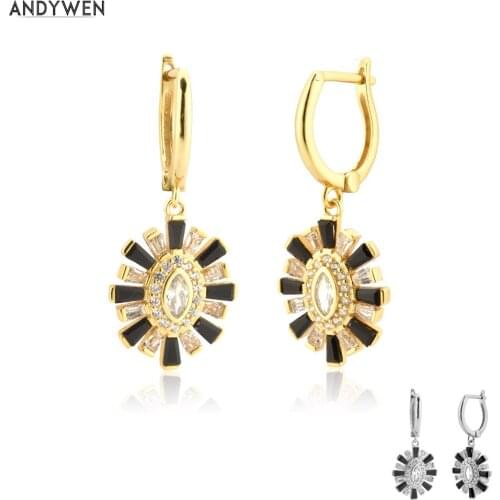ANDYWEN 925 Sterling Silver 8mm Circle Black Oval SunFlower Drop Earring Colorful CZ Clips Round 2021 Women Fine Fashion Jewelry