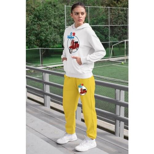 Angemiel Wear I Love Vespa Womens Sweat Suits White Hooded Sweatshirt Yellow Sweatpants