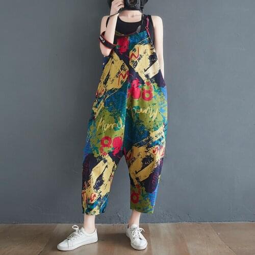 #2315 Summer Cotton Linen Jumpsuits Women Loose Printed Jumpsuit Vintage Rompers Ladies Jumpsuits Sleeveless Overalls Thin