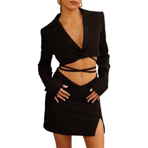 Womens Sexy T-shirt and Skirt Suit Fashion Solid Color Long Sleeve Cardigan and Split Tight Skirt