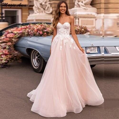 Magic Awn Pink Boho Wedding Dresses Lace Appliques Sweetheart Tulle Beach A-Line Mariage Gowns For Womenn Robes De Mariee