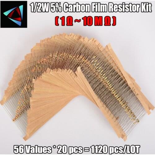 1120pcs 0.5W 56Values 1/2W 5% 1R- 10M ohm Carbon Film Resistance Assorted kit Set