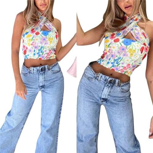 2021 Fashion Womens Sleeveless Crop Tops Stylish Floral Print Cut Out Halter Crisscross Camisole Summer Casual Tanks Sun-Tops