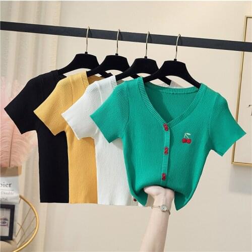2021 Women Knitted Short Sleeve T-shirts Tops Girls Buttons Casual Embroidery Tee Shirts Knitwear Pullover Female Summer