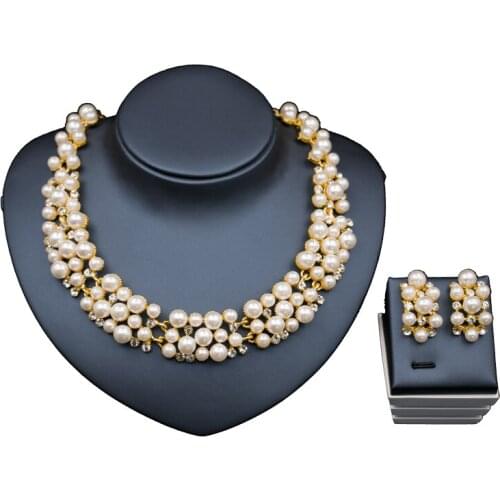 3 Row Simulated Pearl Ribbon Jewelry Set Inlay Zircon Women Gorgeous Bridal Jewelry Gold Color Necklace Stud Earring Wholesale