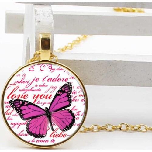 3D butterfly pendant necklace fashion retro glass pendant dome convex round pendant steampunk necklace jewelry