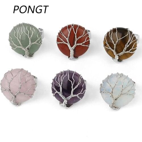 PONGT Natural Stone Arc Face Bracelet Hand-wound Tree Of Life Ring Opening Adjustable Ring For Women Jewelry Gift