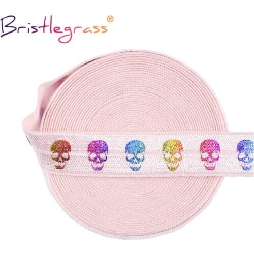 BRISTLEGRASS 2 5 10 Yard 5/8" 15mm Rainbow Skull Gold Foil Print Foldover Elastic FOE Spandex Band Tape Hair Tie DIY Sewing Trim