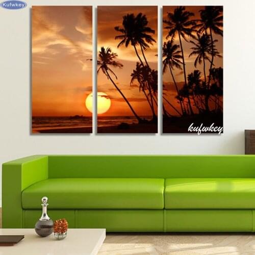 Beach at Sunset Canvas Palm Trees,5d diamond painting 3pcs/set, resin square drill full diamond embroidery triptych Cross Stitch