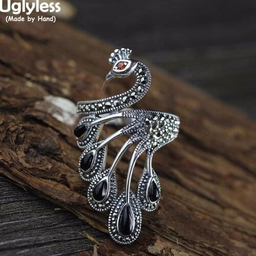 Uglyless Handmade Miss Peacock Rings for Women Colorful Gemstones Extremely Wide Ring 925 Silver Ethnic Retro Jewelry Chalcedony
