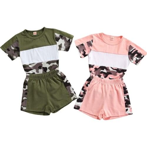 Children Camouflage Clothes Set, Contrast Color Short Sleeve O-neck T-shirt + Elastic Waist Shorts 1-6T
