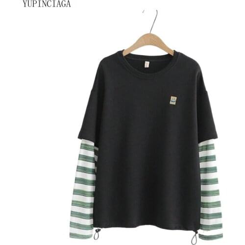 Korean Casual Fake Two Piece Long Sleeved Round Neck Sweatshirt Women Loose Top Femme Harakuju Pullover 2113841