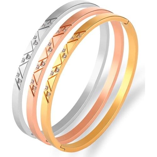 Fashion Geometry Cubic Zirconia Bracelets Stainless Steel Crystals Gold Bangle for Women Statement Jewelry Wedding Party Gift