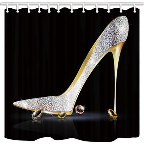 Fashion Lady High Heel with Diamonds Polyester Fabric Bath Curtains Silver Grey Yellow