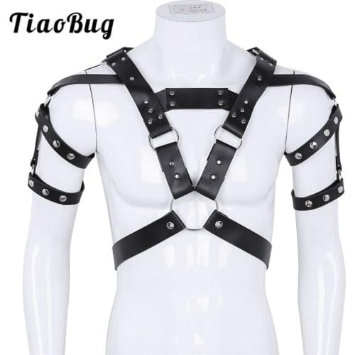 TiaoBug Mens PU Leather Metal Rivet Body Chest Harness Muscle Men Bondage Belt Sexy Male BDSM Bondage Punk Club Rave Gay Costume