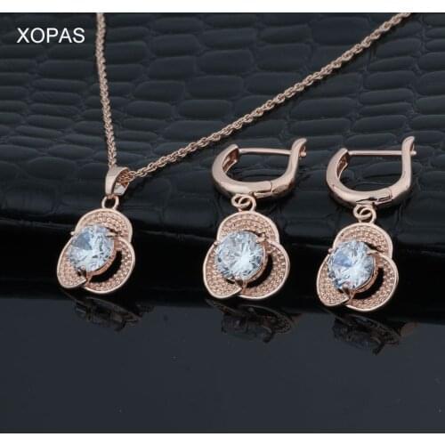 XOPAS Fashion Jewelry Sets 585 Rose Gold Color Womens/Girls CZ Chain Necklace + Earrings Wedding Jewelry Sets Gifts