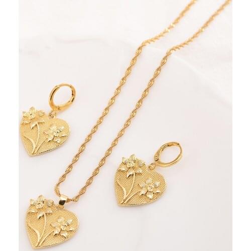 Love France RD Charm Pendant Earring Flower Heart 24 k Yellow Fine Solid Gold Filled Dangling Set Jewelry