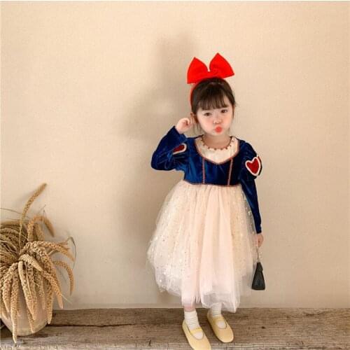 Snow White Long-Sleeved Dress Winter Velvet Gauze Girls Dresses Princess Puff Sleeve Child Christmas Clothes Birthday Gift