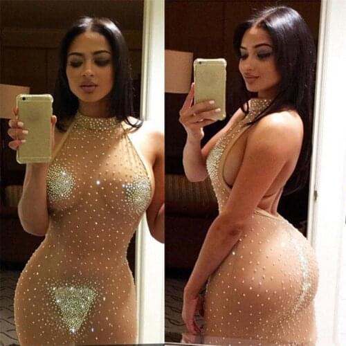 Sexy See-through Women Shiny Beads Sleeveless Nightclub Party Bodycon Mini Tight Formal Dress