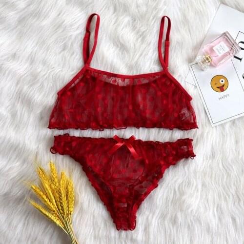 Sexy Lingerie Erotic Underwear Polka Dot Mesh Frill Trim Lace lingerie Set Top Lace Invisible Bra & Brief Set For Women