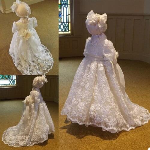 Classy 2021 Ivory Short Sleeve Communion Dress For Baby Girls Lace Appliqued Pearls Baptism Dresses With Bonnet