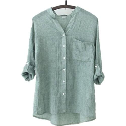 Sunscreen clothing Japanese small fresh loose cotton and linen seven-point sleeve v collar shirt large size shirt tops A68
