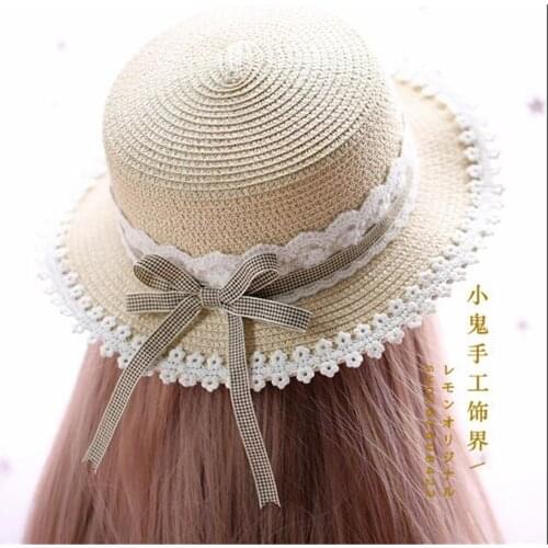 Summer Mori Girl Lace Trim Bow Plaid Straw Hats Women Beach Sun Hat Japanese Lolita Kawaii Princess Hat Cosplay Headwear B549