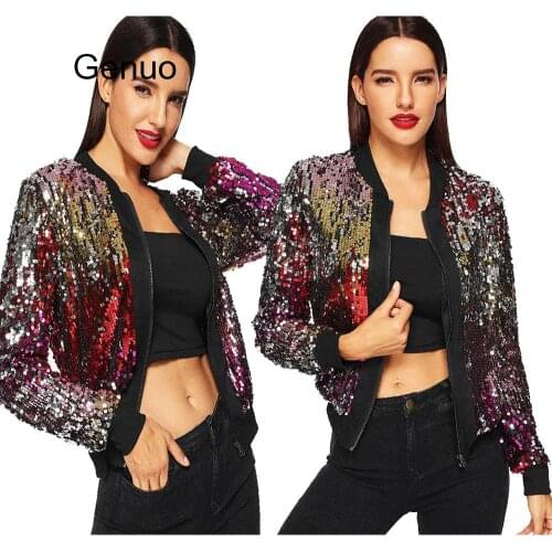 Long Sleeve Sequin Coat Women Casual Female Jacket Sequin Zipper Coat O-Neck Out Wear Ladies Zip Up Coats