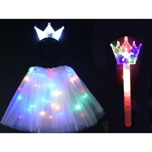 Women Girls Lady LED Light Queen Princess Costume Cosplay Skirt Wedding Birthday Tiara Crown Headband Neon Glow Party Festival